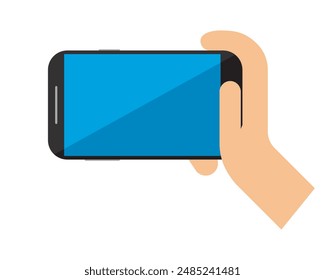 Hand holding smartphone horizontally vector. Mobile, device, finger, screen, touch, gadget, smart, hold, digital, display. Can use for banner, web design, poster. Vector isolated on white background. 