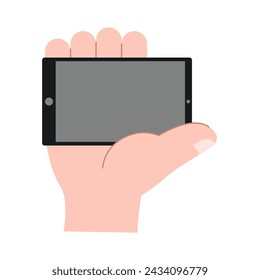 Hand holding smartphone horizontally and vertically, with blank screen displayed