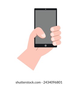 Hand holding smartphone horizontally and vertically, with blank screen displayed