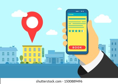 Hand holding smartphone at hotel search and booking online with rating review stars. Mobile app hostel searching detailed and reservation application interface on city background. Vector illustration