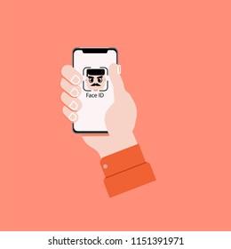 Hand holding smartphone with human head. Flat graphic element 