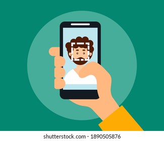 Hand holding smartphone with human head and scanning app on screen. Cartoo vector style for your design.