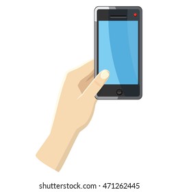 Hand holding smartphone icon in cartoon style on a white background