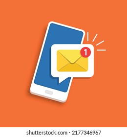 Hand holding smartphone icon in flat style. Incoming message vector illustration on isolated background. Email notification sign business concept.