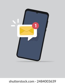 Mano sosteniendo el icono del teléfono inteligente en estilo plano. Ilustración vectorial de mensaje entrante en un fondo aislado. Concepto de negocio de firma de notificación por correo electrónico.