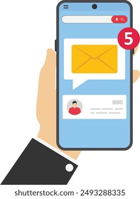 Hand holding smartphone icon in flat style. Incoming message vector illustration on isolated background. Email notification sign business concept.

