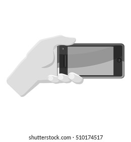 Hand holding smartphone icon. Gray monochrome illustration of hand holding smartphone vector icon for web