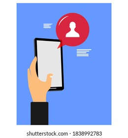 hand holding a smartphone and the icon of the person in buble on it