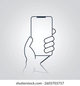 Hand holding smartphone icon, phone using left hand sign, with outlined with a silver background