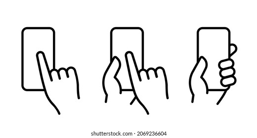 Mano sosteniendo el conjunto de iconos del smartphone. Plantilla de teléfono. EPS vectorial 10. Aislado sobre fondo blanco.