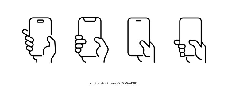 Hand Holding smartphone Icon Set. Mobile phone in hand vector icons. Hand with phone. Mobile phone in hand