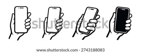 Hand holding smartphone icon set, mobile phone touch gestures, minimal outline vector collection isolated on transparent background