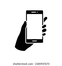 Hand holding smartphone icon. Simple solid style. Hold mobile phone with white screen. Glyph vector illustration isolated on white background. EPS 10.