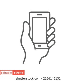 Hand holding smartphone icon. Simple outline style. Hold mobile phone with white screen. Thin line vector illustration isolated on white background. Editable stroke EPS 10.
