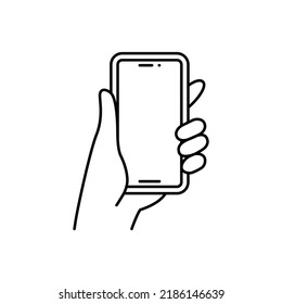 Mano sosteniendo un icono del smartphone. Estilo de contorno simple. Mantenga el teléfono móvil con pantalla blanca. Ilustración vectorial de línea delgada aislada en fondo blanco. EPS 10.