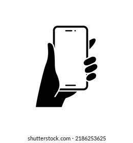 Hand holding smartphone icon. Simple solid style. Hold mobile phone with white screen. Glyph vector illustration isolated on white background. EPS 10.