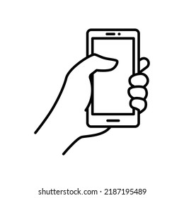 Hand holding smartphone icon. Simple outline style. Hold mobile phone with white screen. Thin line vector illustration isolated on white background. EPS 10.