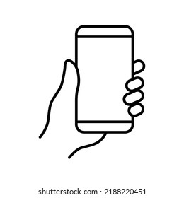 Hand holding smartphone icon. Simple outline style. Hold mobile phone with white screen. Thin line vector illustration isolated on white background. EPS 10.