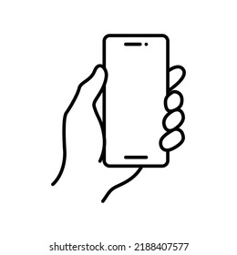 Hand holding smartphone icon. Simple outline style. Hold mobile phone with white screen. Thin line vector illustration isolated on white background. EPS 10.