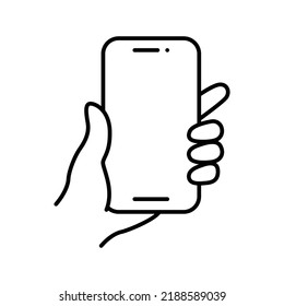 Hand holding smartphone icon. Simple outline style. Hold mobile phone with white screen. Thin line vector illustration isolated on white background. EPS 10.