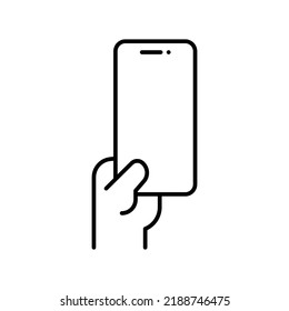 Hand holding smartphone icon. Simple outline style. Hold mobile phone with white screen. Thin line vector illustration isolated on white background. EPS 10.