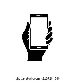 Hand, die Smartphone-Symbol hält. Einfach solider Stil. Halten Sie das Handy mit weißem Bildschirm. GLYPH-Vektorgrafik einzeln auf weißem Hintergrund. EPS10.