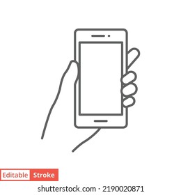 Hand holding smartphone icon. Simple outline style. Hold mobile phone with white screen. Thin line vector illustration isolated on white background. Editable stroke EPS 10.