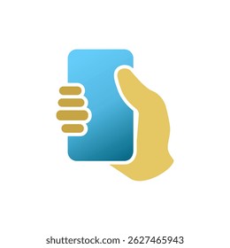 Mano que sostiene el icono del smartphone, estilo plano simple, ilustración, Plantilla del pictograma del símbolo de la muestra del logotipo, para UI o UX aislado en blanco para el App móvil, editable
