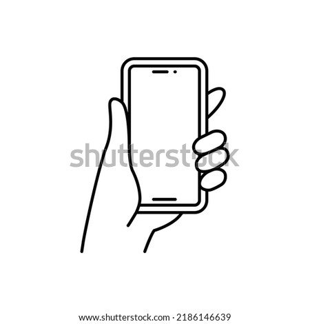 Hand holding smartphone icon. Simple outline style. Hold mobile phone with white screen. Thin line vector illustration isolated on white background. EPS 10.