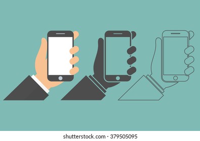 Hand holding smartphone icon in tree different style. Mobile phone in hand with blank screen concept. Vector illustration. Flat design