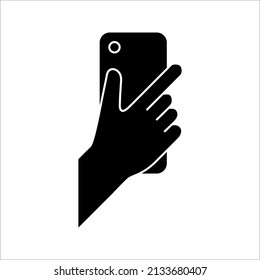 Hand, die Smartphone-Symbol hält. Vektorgrafik auf weißem Hintergrund. farbeditierbar