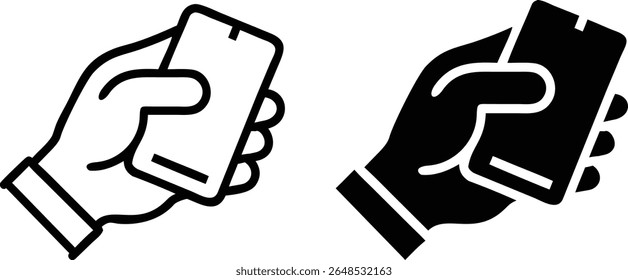 Hand Holding Smartphone Icons – Black and White Mobile Device Vector Illustration