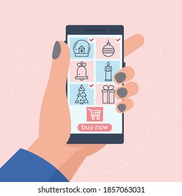 Hand holding Smartphone with icons - images of products. Christmas Shopping on smartphone, online. Vector illustration in flat style