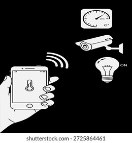 Hand holding smartphone with icons for security camera, timer, and light bulb