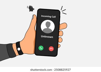 Mão segurando um smartphone com chamada de entrada de número desconhecido na tela. Conceito de chamada de entrada do remetente de spam. Ilustração vetorial.