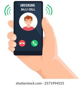 Hand holding a smartphone with incoming call from Boss at night after business hours. Right to disconnect concept. Vector illustration. boss incoming call wallpaper and  logodesign.
