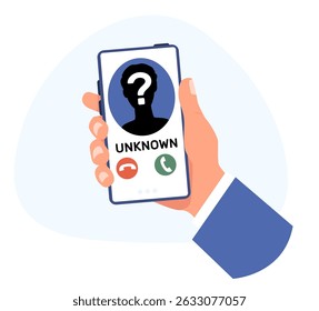 Hand holding smartphone with incoming call from unknown caller on screen. Number identification. Mobile phone communication. Accept or decline button. Scam contact. Stranger connection. Vector concept