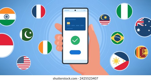 Hand holding a smartphone and international flags: payments, money transfer and currency exchange app