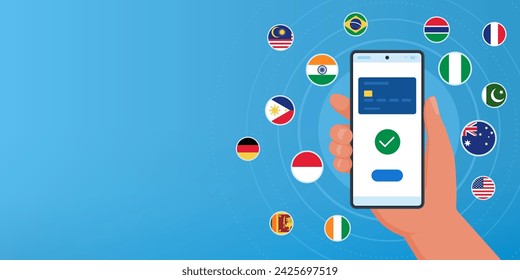 Hand holding a smartphone and international flags: payments, money transfer and currency exchange app