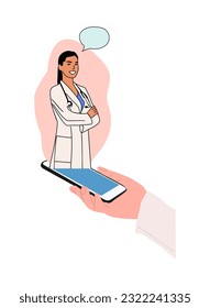 Hand holding smartphone with internet chat with female doctor, therapist, cardiologist, physician on screen. Online medical advise or consultation service, tele medicine. Vector illustration isolated.