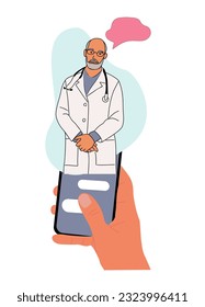 Hand holding smartphone with internet chat with  doctor, therapist, cardiologist, physician on screen. Online medical advise or consultation service, tele medicine. Vector illustration isolated.