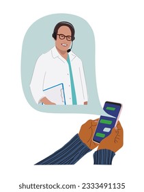 Hand holding smartphone with internet chat with male doctor, therapist, cardiologist, physician on screen. Online medical advise or consultation service, tele medicine. Vector illustration isolated