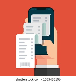 Hand holding smartphone with invoice bill paper , flat style mobile phone with invoice bill paper, concept of online payment, finance, tax, Vector illustration. Flat design.