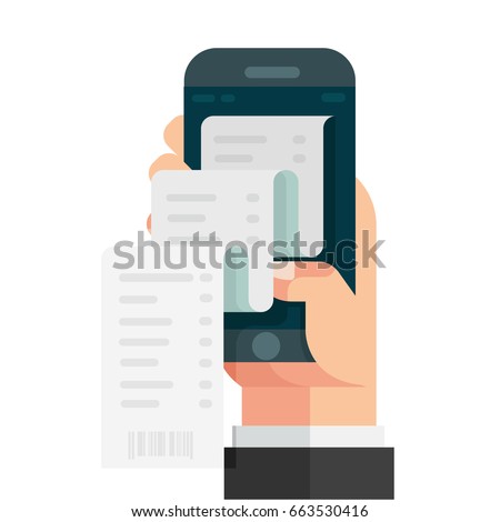 Hand holding smartphone with invoice bill paper , flat style mobile phone with invoice bill paper, concept of online payment, finance, tax, Vector illustration. Flat design.