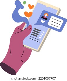Hand holding smartphone, isolated cell phone with contact information of person. Photo and data, social media profile or account of character. Meeting and talking online. Vector in flat style