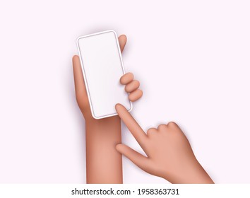 Mano sosteniendo el smartphone aislado sobre fondo blanco. Ilustraciones de vectores 3D.