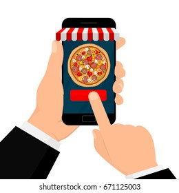 Hand holding smartphone isolated on white background on pizza icon screen. Vector illustration.