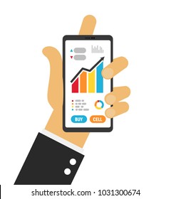 Hand holding smartphone isolated vector illustration. Phone up for monitoring stocks market template
