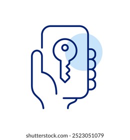 Hand holding smartphone with key on it. Password management app, access from mobile phone. Pixel perfect vector icon