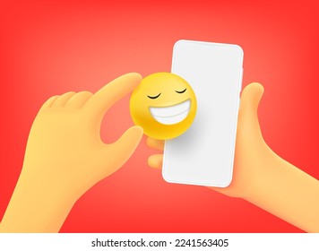 Hand holding smartphone with laughing emoji. 3d vector illustration
